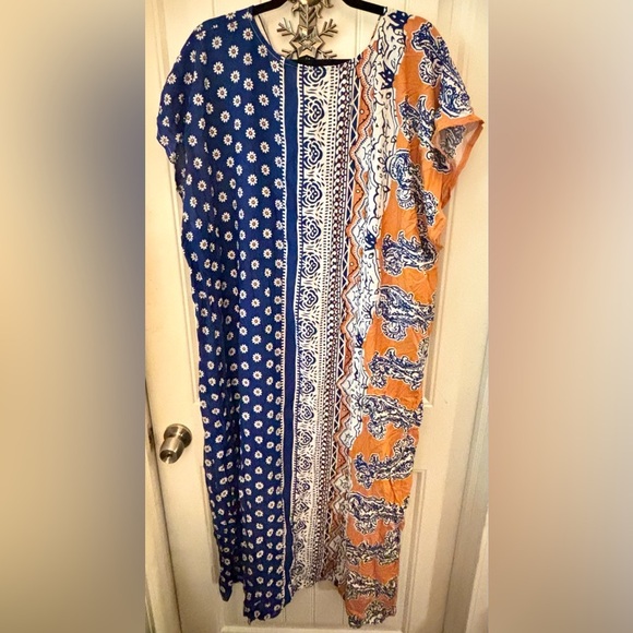 Boho Patchwork Maxi Dress Swim Cover-Up Blue Orange Print - Picture 3 of 4